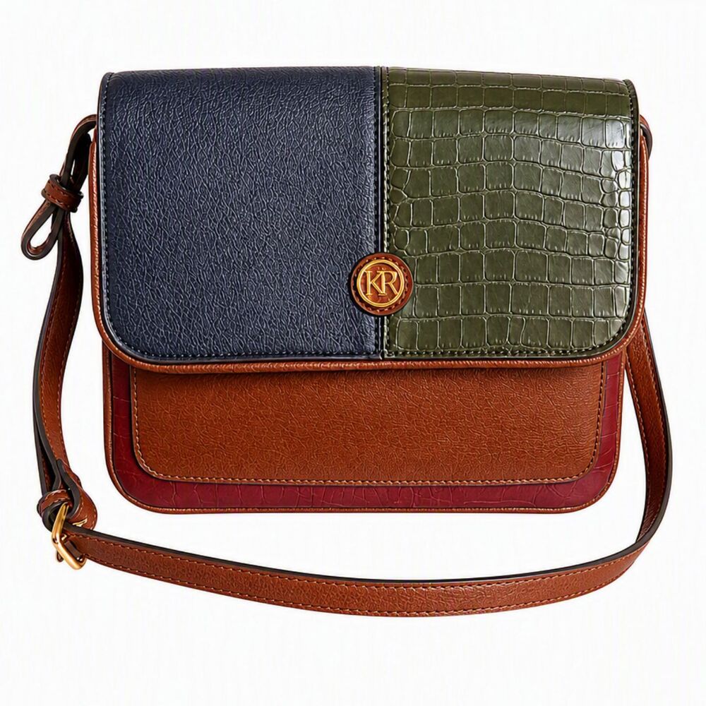 Kim Rogers KR Faux Leather Mixed Media Color Block Crossbody Bag Purse Snap